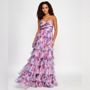 NWT MACYS BCX Women’s Juniors' Floral Print Ruffled Strapless Gown Size 1